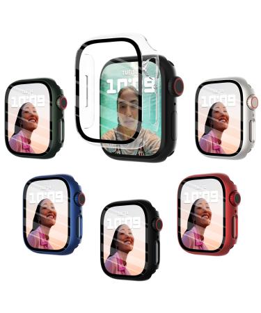 Fullife 6-Pack PC Matte Case with Tempered Glass Screen Protector Compatible with Apple Watch Series 6/5/4/SE Overall Shockproof Bumper for iWatch.40mm (Green/Blue/Red/Midnight/Starlight/transparent) Green/Blue/Red/Midnight/Starlight/Clear 40mm