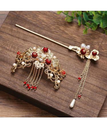 Chinese Hair Accessories for Wedding Red Tassel Gold Hanfu Pins Pearl Flower Hair Pins Hair Chopsticks Hair Styling Vintage Classical Sticks Long Tassel Chinese Hair Jewelry Accessories - Buy Online on GoSupps.com