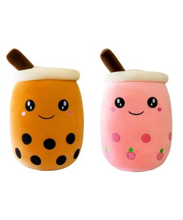 SPIRTUDE 2Pcs Cute Boba Plush Strawberry Plushie Stuffed Bubble Tea Plushies Cartoon Milk Tea Cup Squishy Pillow Soft for Kids Girls 24cm (Brown Boba+Strawberry plush 9.4"/24cm) 9.4"/24cm Brown Boba+strawberry Plush