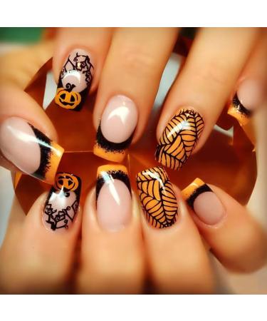 Halloween Press on Nails Medium Square Black Yellow Contrast French Tip Fake Nails with Pumpkin Spider Web Glue on Nails Press ons Glossy False Nails for Women 24 Pcs Designs-18