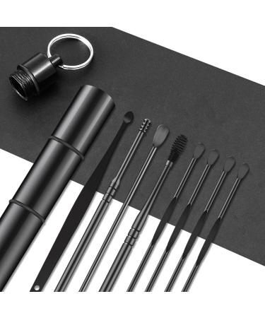 Ear Wax Removal Tools  8 in 1 Ear Cleaner Kit  Ear Pick Tools Stainless Steel  Include Spring Ear Wax Cleaner Tool Set  Three Sizes of Ear Spoons and Two Kinds Cleaning Tools (Black)