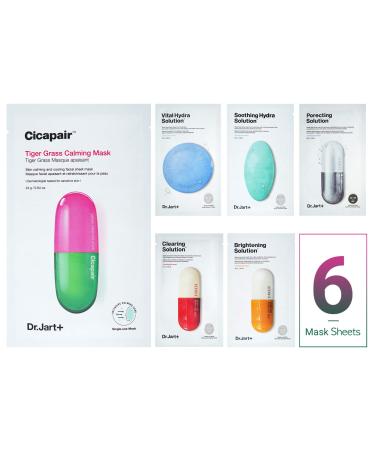 Dr.Jart Face Mask Set (6 pcs) with Cicapair in Korean Premium Skin Care Gift Packaging for Soothing, Anti-Wrinkle, Anti Aging, Rebuilding Skin Barrier for Women (Cica Care - Recovery) Cica-Recovery