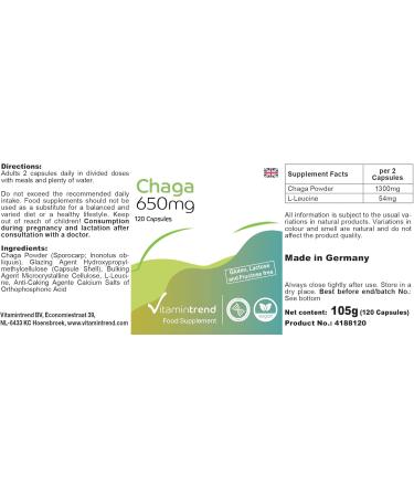 Chaga powder 650mg - 120 capsules functional mushroom vegan | Vitamintrend  - Buy Online on GoSupps.com