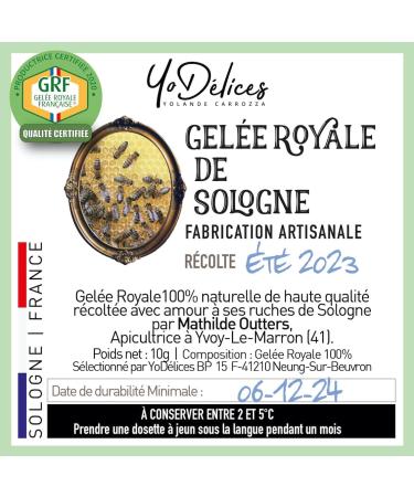 GRF Certified French Royal Jelly Unique Total Quality Label 100% Natural neither transformed nor frozen 3 jars 10g harvestedSummer2020 from M.Outters Beekeeper of Sologne Selection YoD lices  - Buy Online on GoSupps.com