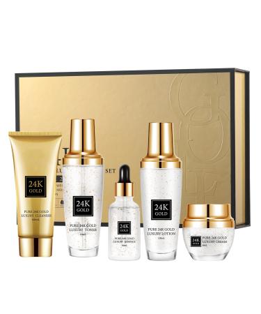24K Gold Skincare Set 5 Piece Moisturizing Face Skin Care Kit with Facial Cleanser Face Serum Face Cream Face Lotion Face Toner 24K Women Skincare Set For All Skin Types