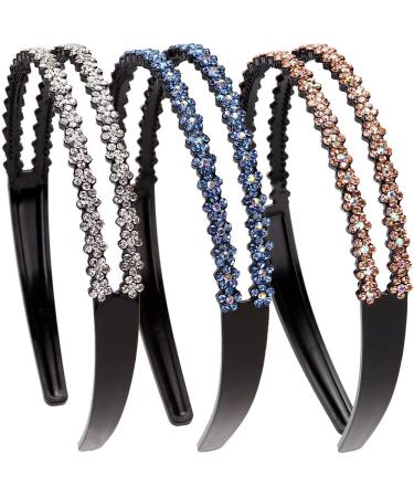 Loneedy Fashion Rhinestone Crystal Hard Non-Slip Prongs Headband for Women 3 Pack