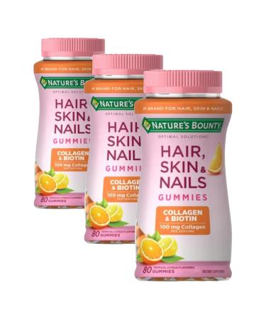 Nature's Bounty Optimal Solutions Hair Skin & Nails with Biotin and Collagen Citrus-Flavored Gummies Vitamin Supplement 2500 mcg 80 Ct 40 Total Servings (Pack of 3)