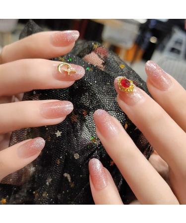 Sethexy glossy oval medium wrong nails pink sparkle gradient ruby earrings complete cover acrylic 24 pieces fake nail tips for women and girls