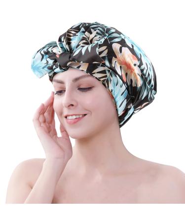 greatremy Shower Cap for Women Girls Bigger Hair Caps for Shower Waterproof Shower Cap Black Print a L
