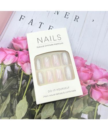 24pcs Short French False Nails - Almond Square Press On Nails with Glue - Silver Pink White Lines Design - For Women and Girls Nail Art - Buy Online on GoSupps.com