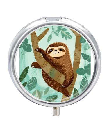Pill Box Pill Case 3 Compartment Travel Pill Box Hug Tree Sloth Printing Small Pill Box Portable Medicine Pill Case Pill Organizer for Purse & Pocket for Travel Handbag (Round)