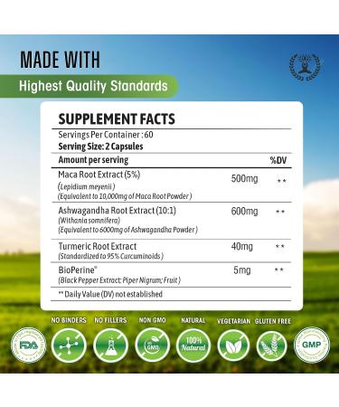 Maca Root 10,000mg & Ashwagandha 6000mg Capsules with Turmeric, Curcumin & Bioperine | 120 Capsules USA Made - Buy Online on GoSupps.com