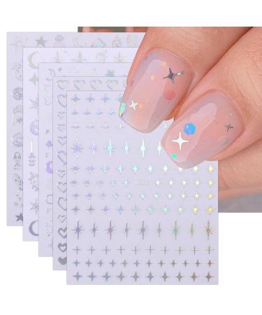 JMEOWIO 10 Sheets Aurora Star Nail Art Stickers Decals Self-Adhesive Silver Nail Supplies Nail Art Design Decoration Accessories