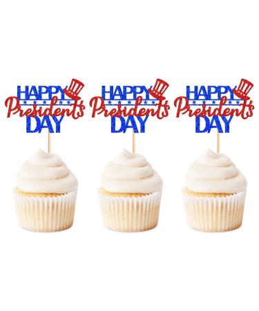 Keaziu 24 Pack Happy President's Day Cupcake Toppers Blue Red Glitter President Cupcake Picks America President Cupcake Toppers for American Patriotic Theme Party Cake Supplies Blue