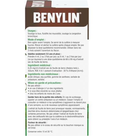 BENYLIN HERBAL Cough Syrup Ivy Leaf Herbal Decongestant Cold & Flu Relief Cough Suppressant Sugar Free Antioxidants 100-mL - Buy Online on GoSupps.com