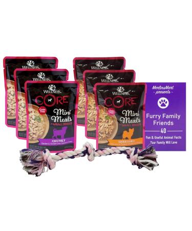 Wellness Core Mini Meals Small Breed Dog Food 2 Flavor 6 Pouch Variety - (3) Each: Chunky Chicken Liver, Shredded Chicken Turkey Gravy (3 Ounces) - Plus Rope Toy and Fun Facts Booklet Bundle