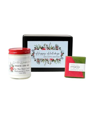 Christmas Candle and Soap Gift Set Holiday Box 8oz Soy Blend Scented Candles Made in The USA (Happy Holidays)
