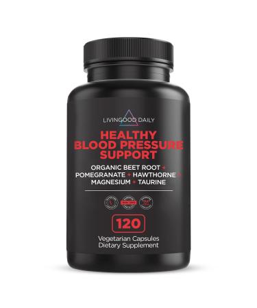 Livingood Daily Healthy Blood Pressure Supplement, 120 Capsules - with Beets, Hawthorn Berry, Pomegranate, Folate & Vitamins - Heart Health Supplements