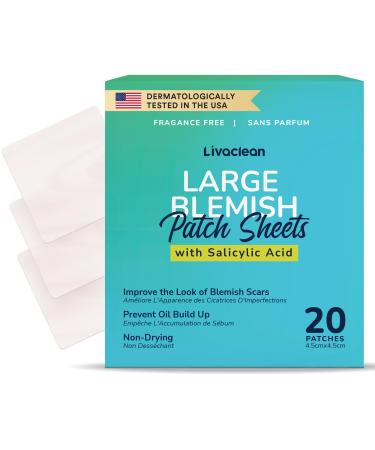 LivaClean (20 Count) Large Square Patch Salicylic Acid Edition - Large Face Patch Absorbing Cover Patch For Face Overnight Face Patches 1 Pack 20 Count S. Acid Large Patches