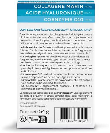 COLLAGENE MARIN-ACIDE HYALURONIQUE-COENZYME Q10- GRANIONS Collag ne N 1 en Pharmacies - Collagene et Acide Hyaluronique- Collagene Cheveux Peau Articulation Ongles -60 Comprim s Complexe Collag ne - Buy Online on GoSupps.com