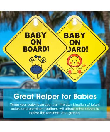 Bewudy 2 PCS Baby on Board Car Signs - Reusable Yellow Sticker with Suction Cups for Safety - Lion and Giraffe Design - Buy Online on GoSupps.com