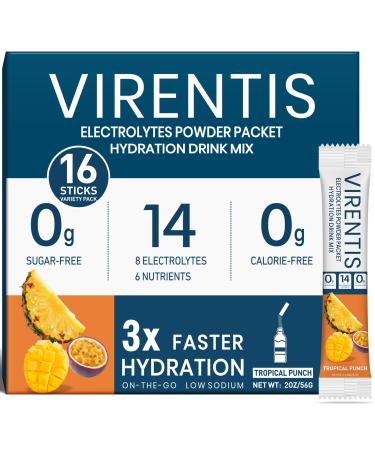 VIRENTIS 16 Sticks Electrolytes Powder Packets Sugar Free Hydration Packets, Liquid Daily IV Electrolyte Drink Mix for Rehydration with 8 Electrolytes & 6 Vitamins, 0 Calorie,Low Sodium,Tropical Punch