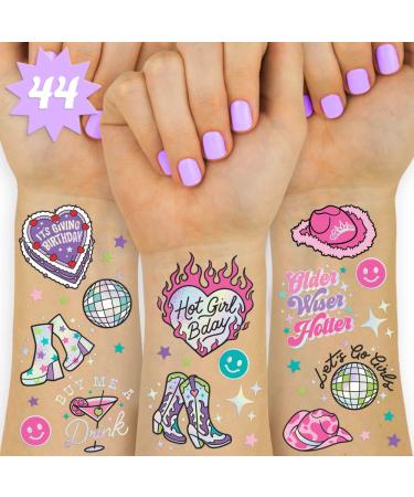 xo  Fetti Birthday Party Decorations Temporary Tattoos - 44 pcs | Fun Bday Girl Party  Older  Wiser  Hotter  HBD  Disco Cowgirl Party  Hot Girl Bday