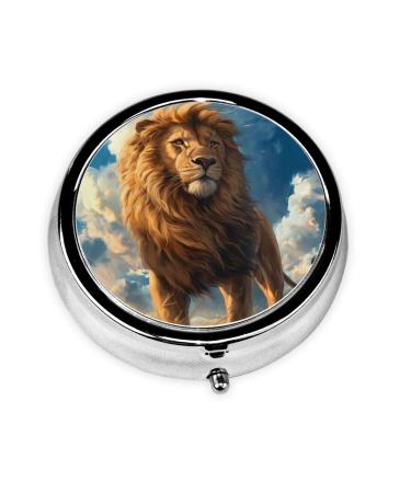 Lion on Grassland Portable Metal Pill Box Round Mini 3-Compartment Plastic Insert hinged Fastening Design Suitable for Small Pills Must-Have for Travel Black