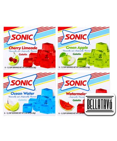 Flavored Gelatin Powdered Packets Variety Pack. Includes 4 Boxes of Sonic Gelatin Mix Plus a BELLATAVO Ref Magnet. One Each Flavor: Cherry Limeade, Ocean Water, Watermelon & Green Apple Gelatin!