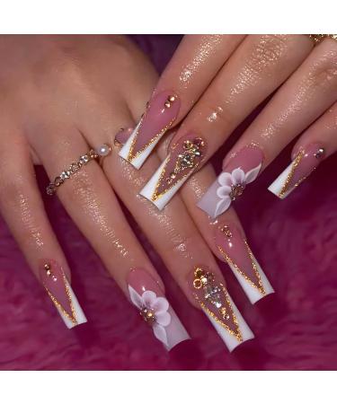 Nail Press Ons French Press on Nails Nude Nails with Rhinestones and Flower Designs Long Nails Medium Coffin Press on Nails Square 3d Press on Nails Glitter Fake Nails 24pcs