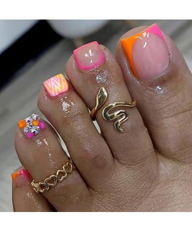 Pink French Tip Press on Toenails Square Short Orange Fake Toe Nails Summer Glitter Rhinestone False Toenails with 3D Designs Bling Diamond Acrylic Glue on Toenails Cute Stick on Toenails for Women