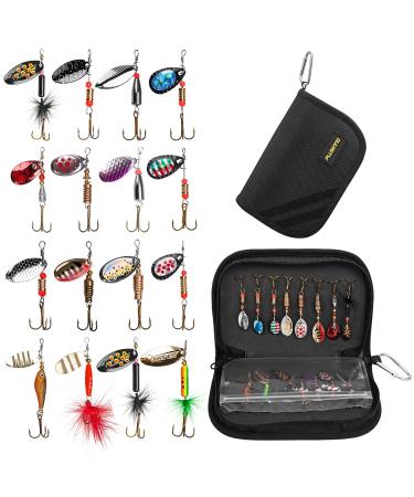 PLUSINNO Fishing Lures for Bass 16pcs Spinner Lures with Portable Carry Bag,Bass Lures Trout Lures Hard Metal Spinner Baits Kit multicolor
