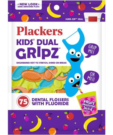 Plackers Kids Dual Gripz Dental Flossers - 75 Count, Fluoride Fruit Smoothie Swirl - Buy Online on GoSupps.com