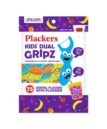 Plackers Kid's Dual Gripz Dental Flossers with Fluoride Fruit Smoothie Swirl 75 Count