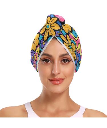 Purple Pink Blue Flowers Hair Towel 2 Pack Super Absorbent Hair Drying Towel Quick Dry Hair Turbans Head Towel with Button Twisty Wrap for Women Girls