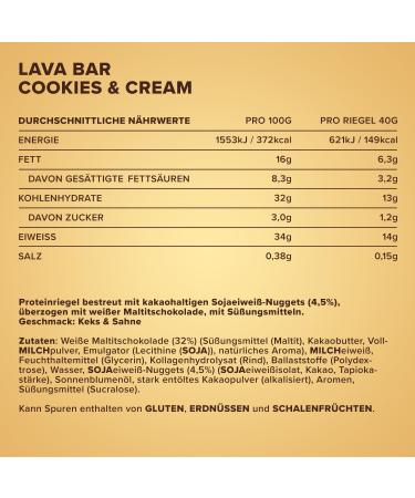 Ironmaxx LAVA Bar Proteinriegel - Cookies and Cream | High Protein Palm Oil-Free No Preservatives | 18 x 40g - Delicious & Nutritious Energy Snack - Buy Online on GoSupps.com