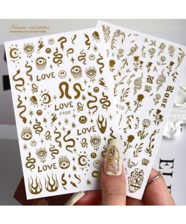 Songjie 4 Sheets Gold Nail Stickers: Bronzing Rose, Snake Eyes, Heart 3D Self-Adhesive Decorations - Perfect for Fake Nail Designs and Salon Accessories - Buy Online on GoSupps.com