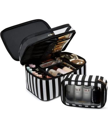 Large Makeup Bag BAGSMART Travel Cosmetic Case with Clear Toiletry Pouch | Double Layer Organizer with Adjustable Dividers | Portable Artist Storage Bag | Black & White Stripes - Buy Online on GoSupps.com