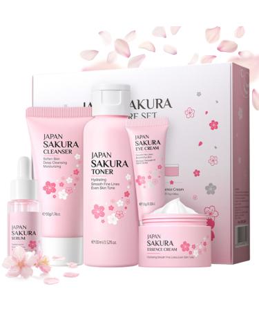 Sakura Skin Care Set Women Gift Sets Skin Care Kit with Cleanser Toner Serum Eye Cream Face Cream Skin Care Routine Kit for Women Even Skin Tone Tighten & Firm Skin