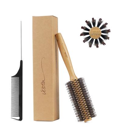 Round Brush Bamboo with Pin Tail Comb Natural Boar Bristle Hair Brush Round for Blow Drying for Women Hairbrush for Wet or Dry Hair Detangling Smoothing Massaging