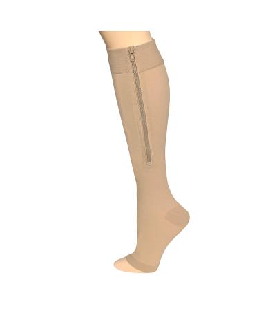 Truform Zipper Compression Stockings - 15-20 mmHg Knee High Medical Socks for Men & Women - Open Toe - Beige - Medium (1 Pair - Buy Online on GoSupps.com