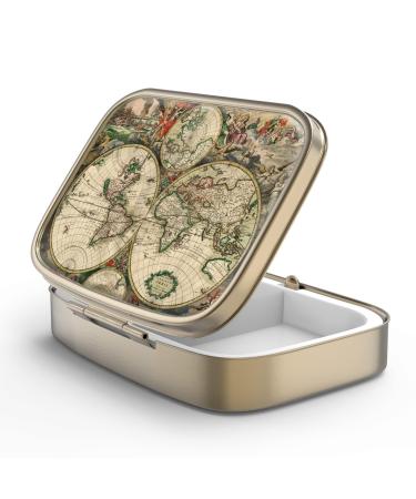 Pill can box with mirror retro 2 compartment Small Pillic tose bronze rectangular pill box or vitamins fish oil dietary supplements pills contain 1 piece F-18-vintage map-2