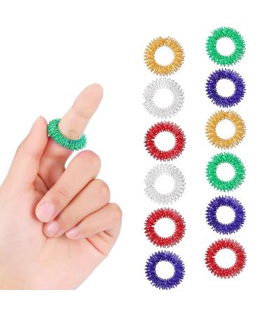 12 Pieces Spiky Sensory Finger Rings, Spiky Finger Ring/ Acupressure Ring Set for Teens, Adults, Silent Stress Reducer and Massager (12 Pieces) Red, Blue, Green, Gold, Silver