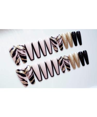 French Tip Press on Nails - Long T Press On Nails with Nail Tips glitter black gold false nails press on nails Acrylic False Nails Cute Artificial Nails - Buy Online on GoSupps.com