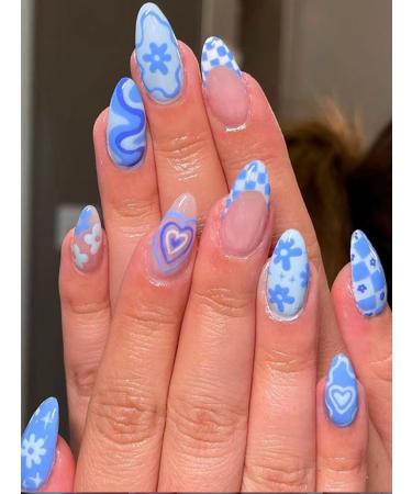 24pcs Blue Love Flower Press on Nails Blue Line Fake Nail Love Flower Coffin Nails Press on Nails Coffin Shape Nails For Women's