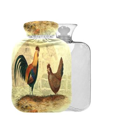 Rooster Hen Vintage Hot Water Bottle with Cover 1 l Small Hot Water Bag for Pain Relief Bed with Hand and Feet BAP-Free