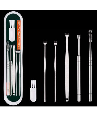 Derlaier Ear Pick Earwax Removal Kit  Stainless Steel Ear Cleans Tool Set  Ear Curette Ear Wax Remover Tool with a Small Cleaning Brush and Storage Box  Silver  6 Pcs.