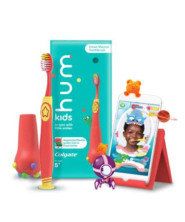 Hum by Colgate Smart Manual Kids Toothbrush Set for Ages 5+, Gaming Experience for Teeth Brushing, Extra Soft, Coral