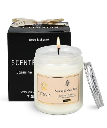 TTRWIN Jasmine & Ylang Ylang Scented Candle 200g 50H Long Burning Oriental Fragrance Glass Jar Candles Natural Soy Wax & Essential Oil Gift for Women Christmas Mother's Day Valentine Jasmine Ylang Ylang Candle