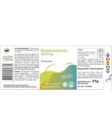 Horse chestnut 300mg - with 900mg horse chestnut extract including 180mg escin per daily dose - 90 capsules - highly dosed - vegan - bioavailable supplements from Germany | Vitamintrend - Buy Online on GoSupps.com